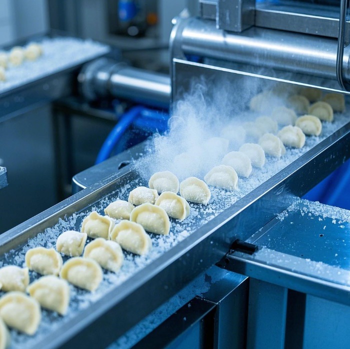 Frozen dumpling production line in action